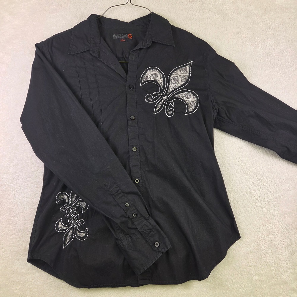 G by Guess Mens Black Fleur De Lis Embroidered Long Sleeve Button Down Shirt L